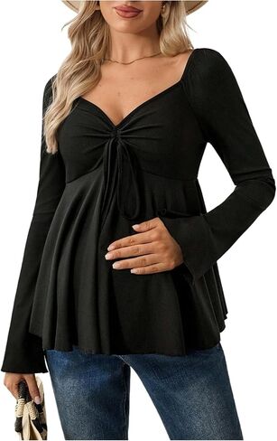 MakeMeChic Women's Maternity Tee Tops Sweetheart Ruched Drawstring Ruffle Long Sleeve T Shirt in Saudi Arabia