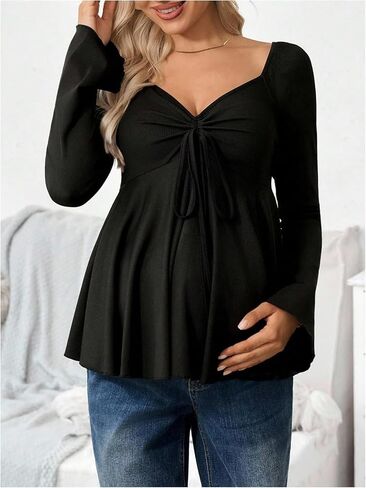 MakeMeChic Women's Maternity Tee Tops Sweetheart Ruched Drawstring Ruffle Long Sleeve T Shirt in Saudi Arabia