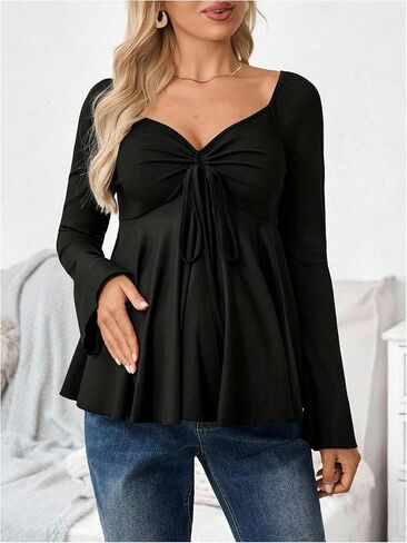 MakeMeChic Women's Maternity Tee Tops Sweetheart Ruched Drawstring Ruffle Long Sleeve T Shirt in Saudi Arabia