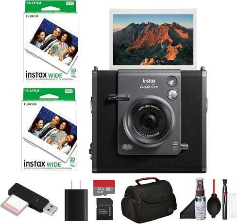 حزمة كاميرا Fujifilm Instax Wide Evo Hybrid للأفلام الفورية مع 2X Instax-Wide Instant-Film 2 حزمة (40 صورة) + بطاقة ذاكرة 32 جيجابايت + قارئ بطاقة USB + حقيبة + مجموعة تنظيف in Saudi Arabia