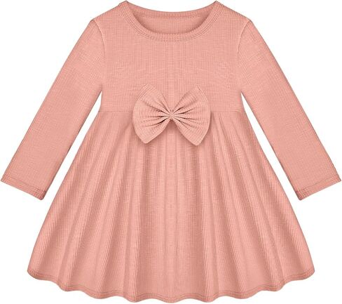 ICOSY Toddler Girls Knit Dress for Baby Girl Long Sleeve Fall Dress Ribbed Ruffle Dresses for Little Girls with Bow Knot in Saudi Arabia