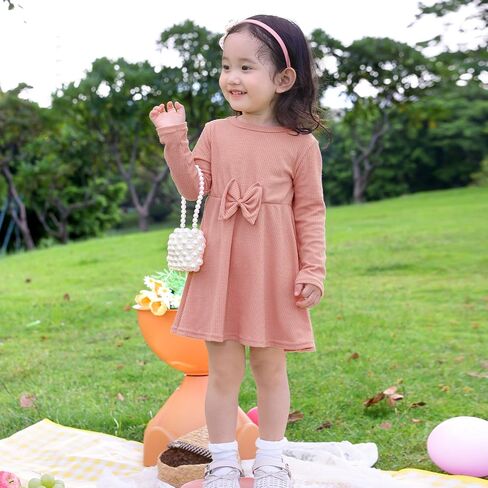 ICOSY Toddler Girls Knit Dress for Baby Girl Long Sleeve Fall Dress Ribbed Ruffle Dresses for Little Girls with Bow Knot in Saudi Arabia