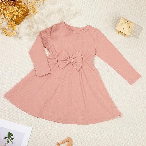 ICOSY Toddler Girls Knit Dress for Baby Girl Long Sleeve Fall Dress Ribbed Ruffle Dresses for Little Girls with Bow Knot in Saudi Arabia
