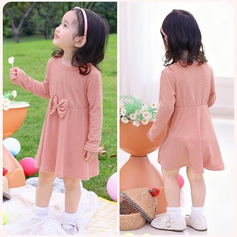 ICOSY Toddler Girls Knit Dress for Baby Girl Long Sleeve Fall Dress Ribbed Ruffle Dresses for Little Girls with Bow Knot in Saudi Arabia