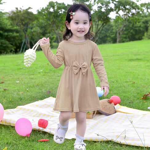 ICOSY Toddler Girls Knit Dress for Baby Girl Long Sleeve Fall Dress Ribbed Ruffle Dresses for Little Girls with Bow Knot in Saudi Arabia