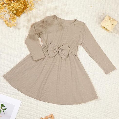ICOSY Toddler Girls Knit Dress for Baby Girl Long Sleeve Fall Dress Ribbed Ruffle Dresses for Little Girls with Bow Knot in Saudi Arabia
