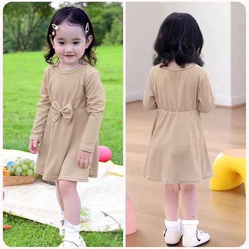 ICOSY Toddler Girls Knit Dress for Baby Girl Long Sleeve Fall Dress Ribbed Ruffle Dresses for Little Girls with Bow Knot in Saudi Arabia