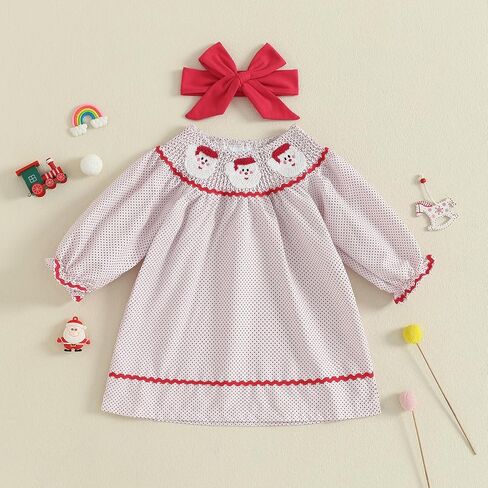 Toddler Baby Girl Christmas Dress Santa Long Sleeve A-line Smocked Christmas Dress for Winter Fall in Saudi Arabia