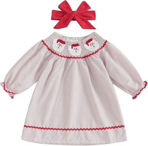 Toddler Baby Girl Christmas Dress Santa Long Sleeve A-line Smocked Christmas Dress for Winter Fall in Saudi Arabia