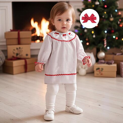 Toddler Baby Girl Christmas Dress Santa Long Sleeve A-line Smocked Christmas Dress for Winter Fall in Saudi Arabia