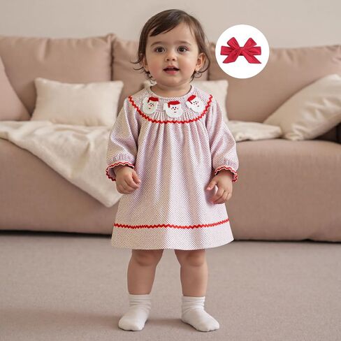 Toddler Baby Girl Christmas Dress Santa Long Sleeve A-line Smocked Christmas Dress for Winter Fall in Saudi Arabia