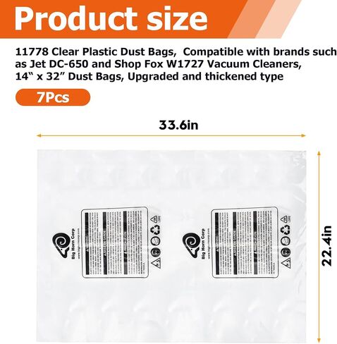 11778 أكياس غبار بلاستيكية شفافة، متوافقة مع علامات تجارية مثل Jet DC-650 وShop Fox W1727، أكياس غبار مقاس 14 × 32 بوصة، نوع مطور وسميك (7 قطع) in Saudi Arabia