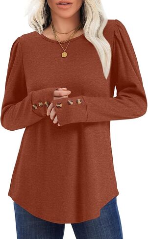 OFEEFAN قمصان طويلة الأكمام للنساء البلوزات الأنيقة سترات نسائية عادية نفخة الأكمام ملابس عصرية بلايز مع أزرار in Saudi Arabia