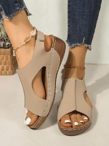 Plus Size Women's Hook & Loop Sandals - Platform Beach Wedges with Breathable Cut-Out Design & Non-Slip Stitched Seams, Wide Width Orthopedic Summer Shoes in Saudi Arabia