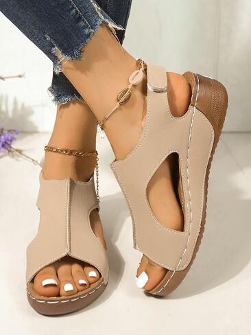 Plus Size Women's Hook & Loop Sandals - Platform Beach Wedges with Breathable Cut-Out Design & Non-Slip Stitched Seams, Wide Width Orthopedic Summer Shoes in Saudi Arabia