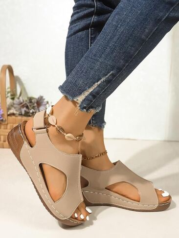 Plus Size Women's Hook & Loop Sandals - Platform Beach Wedges with Breathable Cut-Out Design & Non-Slip Stitched Seams, Wide Width Orthopedic Summer Shoes in Saudi Arabia