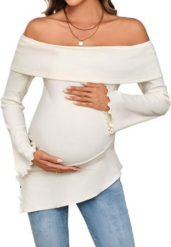 MakeMeChic Women's Maternity T Shirt Off The Shoulder Asymmetrical Long Sleeve Pregnancy Tee in Saudi Arabia
