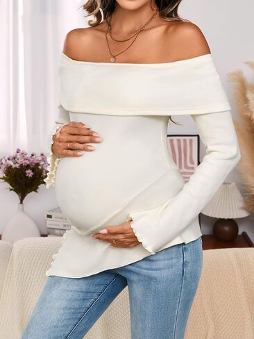 MakeMeChic Women's Maternity T Shirt Off The Shoulder Asymmetrical Long Sleeve Pregnancy Tee in Saudi Arabia