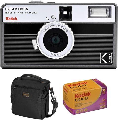 كاميرا فيلم Kodak EKTAR H35N بنصف إطار، مخططة باللون الأسود، حزمة مع فيلم Kodacolor ذهبي 200 35 ملم لون سلبي وحقيبة كتف Slinger Alpine in Kuwait