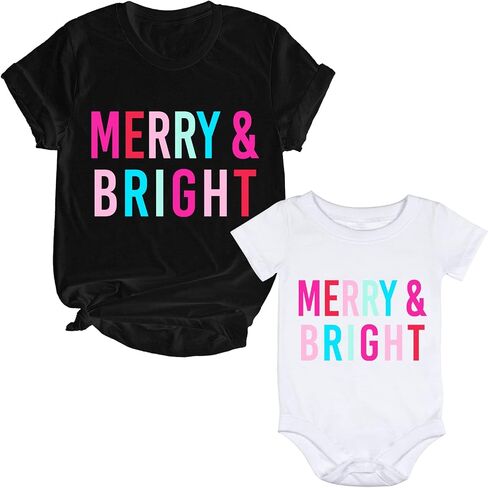 Merry and Bright Christmas T-Shirt, Matching Mommy and Me Christmas Shirt, Mommy and Me Matching Cute Shirt, Christmas Tees Holiday Tops Tees, Mother Daughter T-Shirt Set in Saudi Arabia