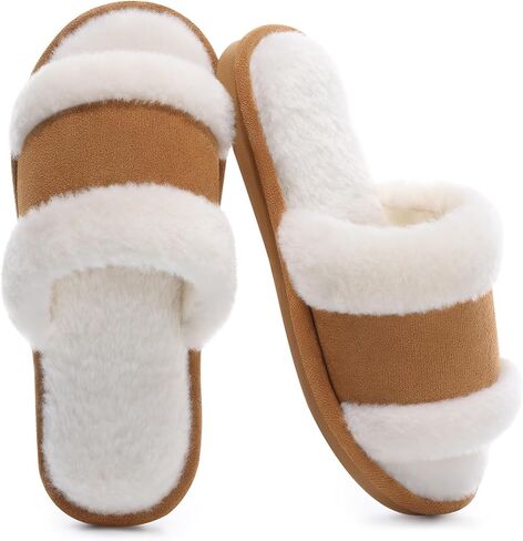 SHIBEVER Women's Slippers Fuzzy Open Toe Slip On Indoor House Shoes Comfy Bedroom Women Slippers in Saudi Arabia