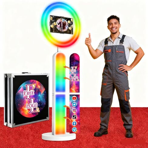 Photo Booth System with Integrated Software, Customizable RGB Lights, Rolling Base, and Music Activation for Weddings & Parties in Saudi Arabia