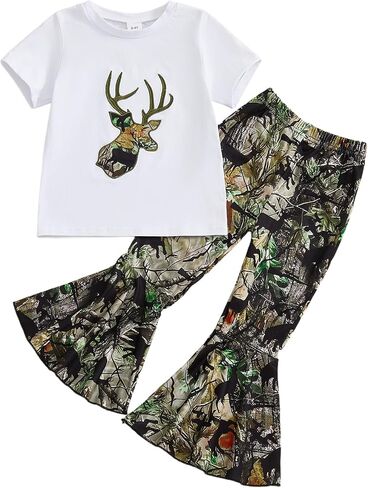 Baby Girl Hunting Clothes Deer Print Short Sleeve T Shirt Jungle Camo Flared Pants Toddler Summer Bell Bottoms Outfit in Saudi Arabia