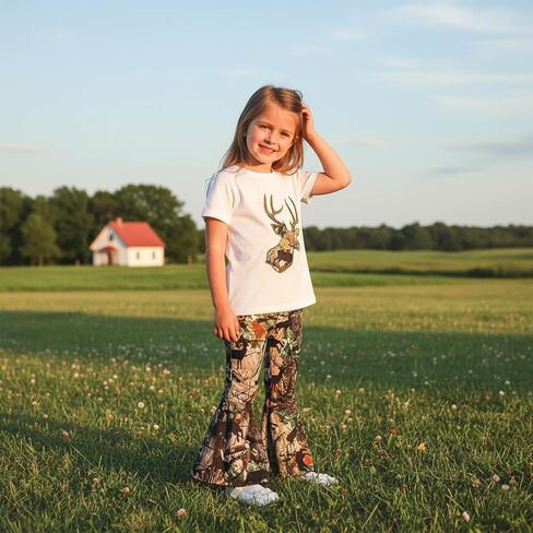 Baby Girl Hunting Clothes Deer Print Short Sleeve T Shirt Jungle Camo Flared Pants Toddler Summer Bell Bottoms Outfit in Saudi Arabia