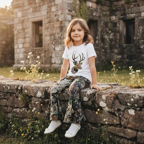 Baby Girl Hunting Clothes Deer Print Short Sleeve T Shirt Jungle Camo Flared Pants Toddler Summer Bell Bottoms Outfit in Saudi Arabia