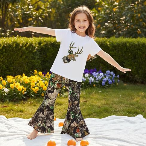Baby Girl Hunting Clothes Deer Print Short Sleeve T Shirt Jungle Camo Flared Pants Toddler Summer Bell Bottoms Outfit in Saudi Arabia