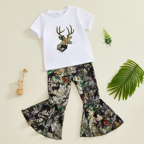 Baby Girl Hunting Clothes Deer Print Short Sleeve T Shirt Jungle Camo Flared Pants Toddler Summer Bell Bottoms Outfit in Saudi Arabia