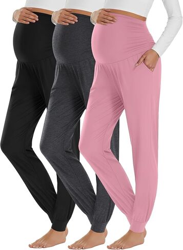 Neer 3 Pack Women's Maternity Joggers Over Belly Sweatpants Stretchy Pregnancy Lounge Pants with Pockets Winter in Saudi Arabia