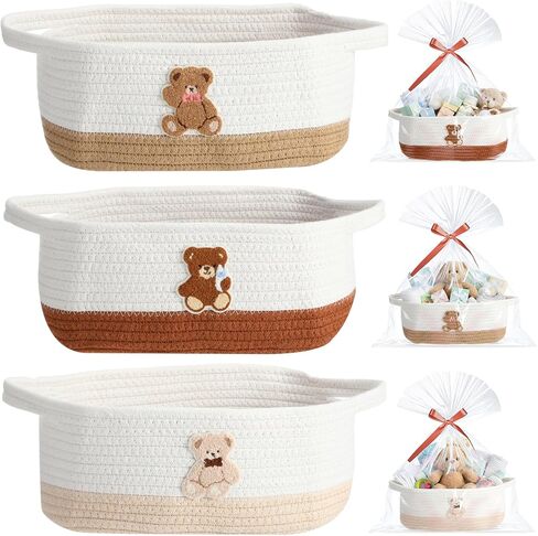 Kathfly 3 Pcs Small Bear Basket for Gift Woven Empty with Gift Bag and Ribbons Baby Bear Basket for Nursery 12"x 8"x 5" with Handle for Christmas Wedding Birthday in Saudi Arabia