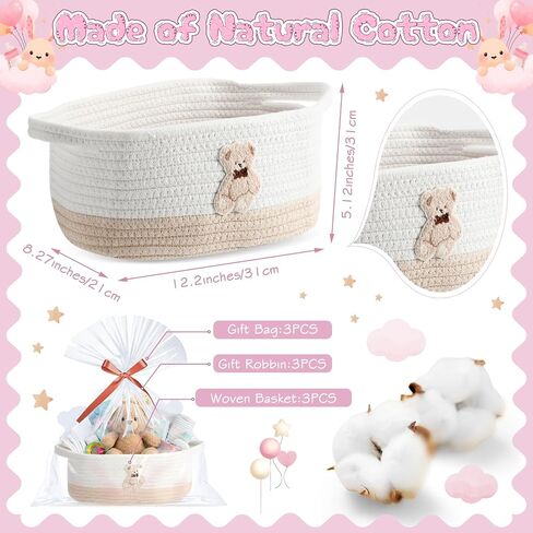 Kathfly 3 Pcs Small Bear Basket for Gift Woven Empty with Gift Bag and Ribbons Baby Bear Basket for Nursery 12"x 8"x 5" with Handle for Christmas Wedding Birthday in Saudi Arabia