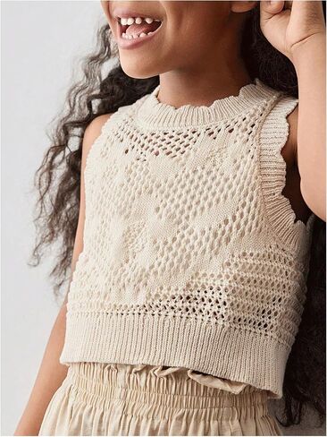 MakeMeChic Girl's Floral Crochet Sweater Vest Crew Neck Scallop Sleeveless Cute Crop Tops Knitwear in Saudi Arabia