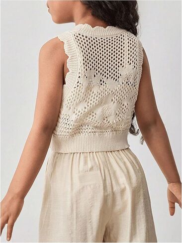 MakeMeChic Girl's Floral Crochet Sweater Vest Crew Neck Scallop Sleeveless Cute Crop Tops Knitwear in Saudi Arabia