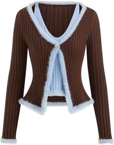 CIDER Knit V-Neck Two Tone Patchy Faux Feather Long Sleeve Sweater in Saudi Arabia
