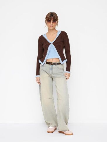 CIDER Knit V-Neck Two Tone Patchy Faux Feather Long Sleeve Sweater in Saudi Arabia