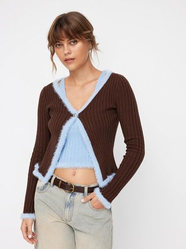 CIDER Knit V-Neck Two Tone Patchy Faux Feather Long Sleeve Sweater in Saudi Arabia
