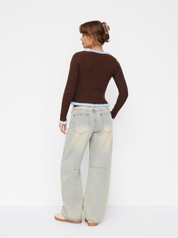 CIDER Knit V-Neck Two Tone Patchy Faux Feather Long Sleeve Sweater in Saudi Arabia