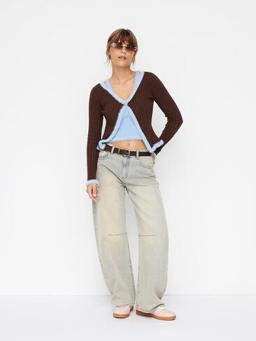 CIDER Knit V-Neck Two Tone Patchy Faux Feather Long Sleeve Sweater in Saudi Arabia