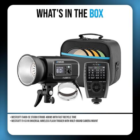حزمة Westcott FJ400-SE Studio Strobe 400Ws (110V) مع مشغل فلاش لاسلكي عالمي FJ-X3 M مع حامل كاميرا متعدد العلامات التجارية (عنصران) in Saudi Arabia