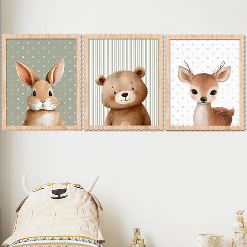 Woodland Nursery Wall Art Decor, Set of 3 Wood Framed Animal Wall Prints Artwork Cute Rabbit Deer Bear Wooden Wall Decoration for Baby Girl Boy Kids Nursery Toddler Room Bedroom Playroom in Saudi Arabia
