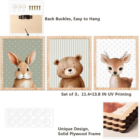 Woodland Nursery Wall Art Decor, Set of 3 Wood Framed Animal Wall Prints Artwork Cute Rabbit Deer Bear Wooden Wall Decoration for Baby Girl Boy Kids Nursery Toddler Room Bedroom Playroom in Saudi Arabia