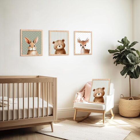 Woodland Nursery Wall Art Decor, Set of 3 Wood Framed Animal Wall Prints Artwork Cute Rabbit Deer Bear Wooden Wall Decoration for Baby Girl Boy Kids Nursery Toddler Room Bedroom Playroom in Saudi Arabia