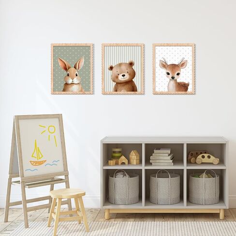 Woodland Nursery Wall Art Decor, Set of 3 Wood Framed Animal Wall Prints Artwork Cute Rabbit Deer Bear Wooden Wall Decoration for Baby Girl Boy Kids Nursery Toddler Room Bedroom Playroom in Saudi Arabia