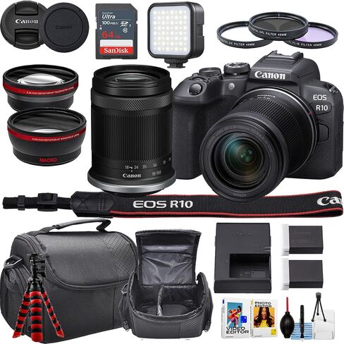 Canon EOS R10 Mirrorless Camera + 18-150mm Lens + LED Light + Flexible Tripod + More (18 pc Bundle) (Renewed) in Saudi Arabia