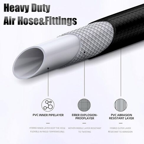 SANFU Hybrid Air Hose 3/8"ID x 50FT, 300PSI Durable, Lightweight, With 1/4" Universal Aluminum 3IN1 Coupler and Plug, Bend Restrictors, Black(50’) in Kuwait