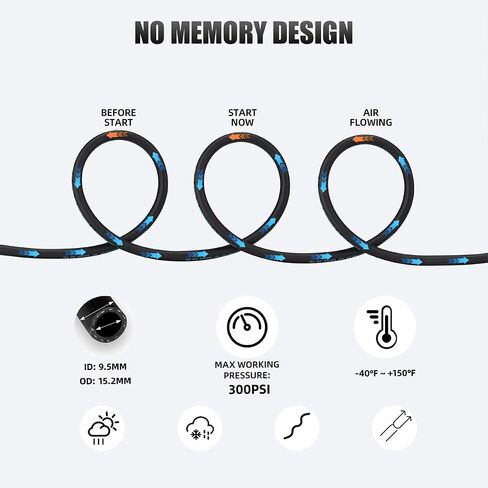 SANFU Hybrid Air Hose 3/8"ID x 50FT, 300PSI Durable, Lightweight, With 1/4" Universal Aluminum 3IN1 Coupler and Plug, Bend Restrictors, Black(50’) in Kuwait