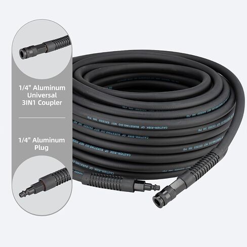 SANFU Hybrid Air Hose 3/8"ID x 50FT, 300PSI Durable, Lightweight, With 1/4" Universal Aluminum 3IN1 Coupler and Plug, Bend Restrictors, Black(50’) in Kuwait